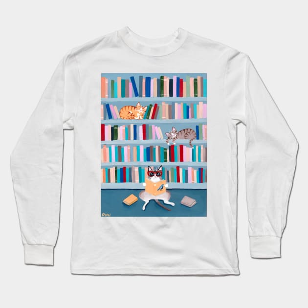 The Library Cats Long Sleeve T-Shirt by KilkennyCat Art